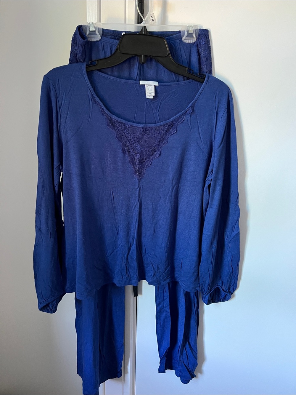 Eberjey Royal Blue Long Sleeve Pajama Set with Lace Trim
